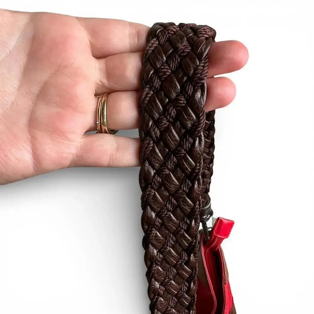 Vintage Red Leather Shoulder Bag with Braided Strap